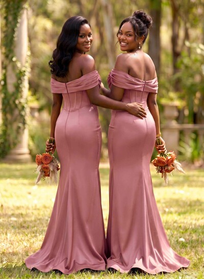 Elegant Trumpet/Mermaid Off-The-Shoulder Sleeveless Sweep Train Satin Bridesmaid Dresses