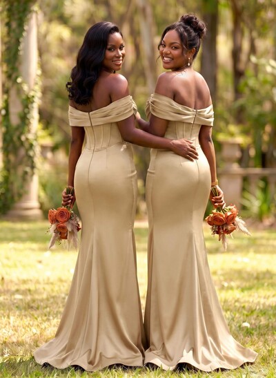 Elegant Trumpet/Mermaid Off-The-Shoulder Sleeveless Sweep Train Satin Bridesmaid Dresses