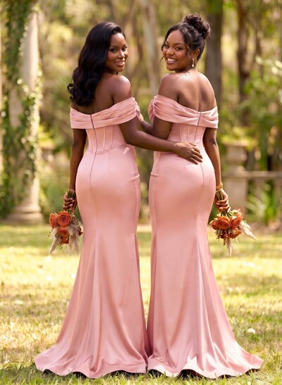 Elegant Trumpet/Mermaid Off-The-Shoulder Sleeveless Sweep Train Satin Bridesmaid Dresses