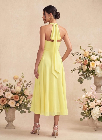 Elegant A-Line Halter Sleeveless Strapless Tea-Length Chiffon Bridesmaid Dresses
