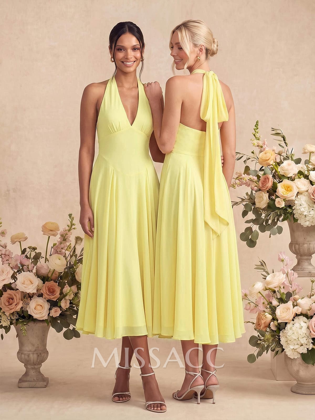 Elegant A-Line Halter Sleeveless Strapless Tea-Length Chiffon Bridesmaid Dresses
