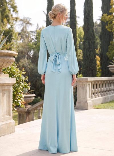 Sheath/Column V-Neck Long Sleeves Floor-Length Stretch Satin Bridesmaid Dresses With Split Front
