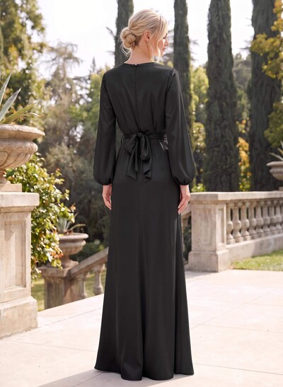 Sheath/Column V-Neck Long Sleeves Floor-Length Stretch Satin Bridesmaid Dresses With Split Front