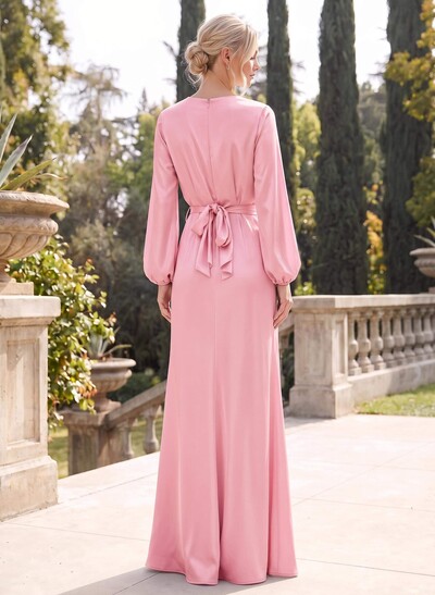 Sheath/Column V-Neck Long Sleeves Floor-Length Stretch Satin Bridesmaid Dresses With Split Front
