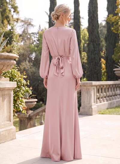 Sheath V-Neck Long Sleeve Maxi Stretch Satin Bridesmaid Dress With Front Split