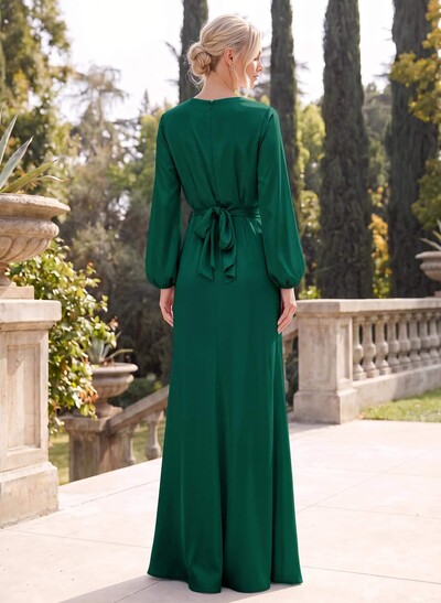 Sheath/Column V-Neck Long Sleeves Floor-Length Stretch Satin Bridesmaid Dresses With Split Front