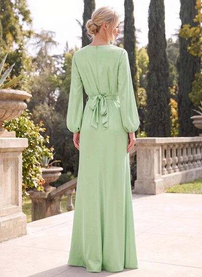Sheath/Column V-Neck Long Sleeves Floor-Length Stretch Satin Bridesmaid Dresses With Split Front
