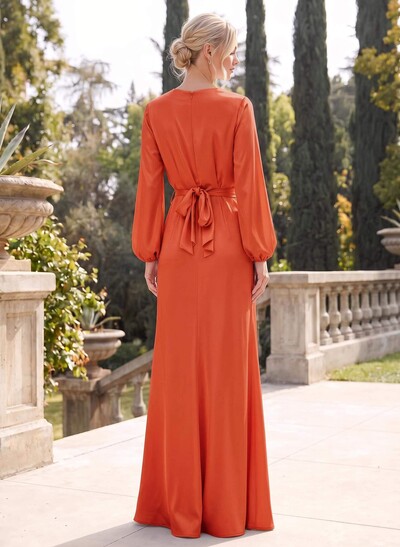 Sheath/Column V-Neck Long Sleeves Floor-Length Stretch Satin Bridesmaid Dresses With Split Front