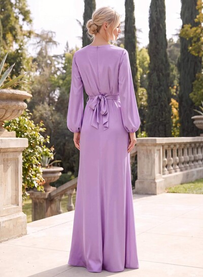 Sheath/Column V-Neck Long Sleeves Floor-Length Stretch Satin Bridesmaid Dresses With Split Front