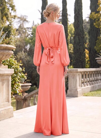 Sheath/Column V-Neck Long Sleeves Floor-Length Stretch Satin Bridesmaid Dresses With Split Front