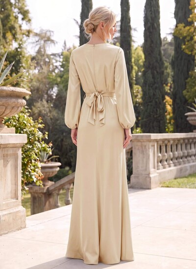 Column V-Neck Long Sleeve Floor-Length Stretch Satin Bridesmaid Dress With Front Split