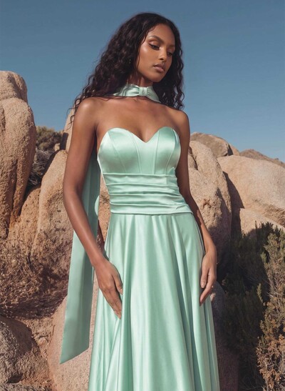 Elegant A-Line Sleeveless Satin Bridesmaid Dresses With Sweetheart Neckline And Sweep Train