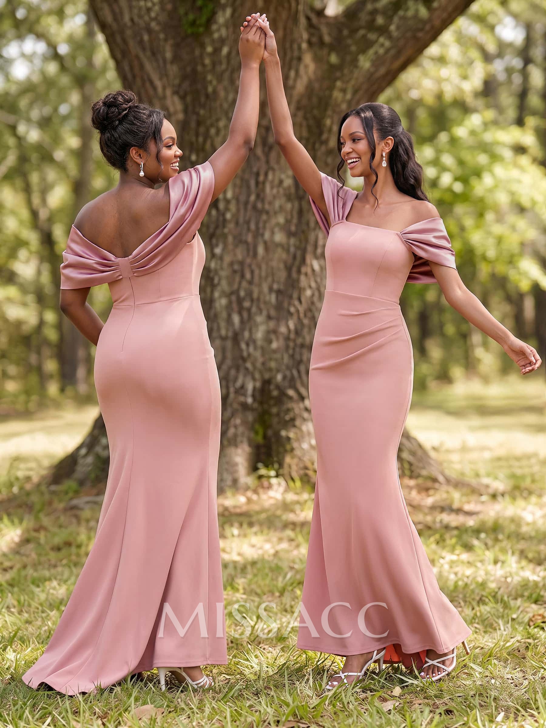 Trumpet/Mermaid Off-The-Shoulder Sleeveless Sweep Train Satin/Elastic Satin Bridesmaid Dresses