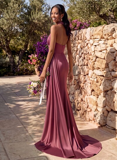 Sheath/Column Halter Sleeveless Sweep Train Stretch Satin Bridesmaid Dresses With High Split