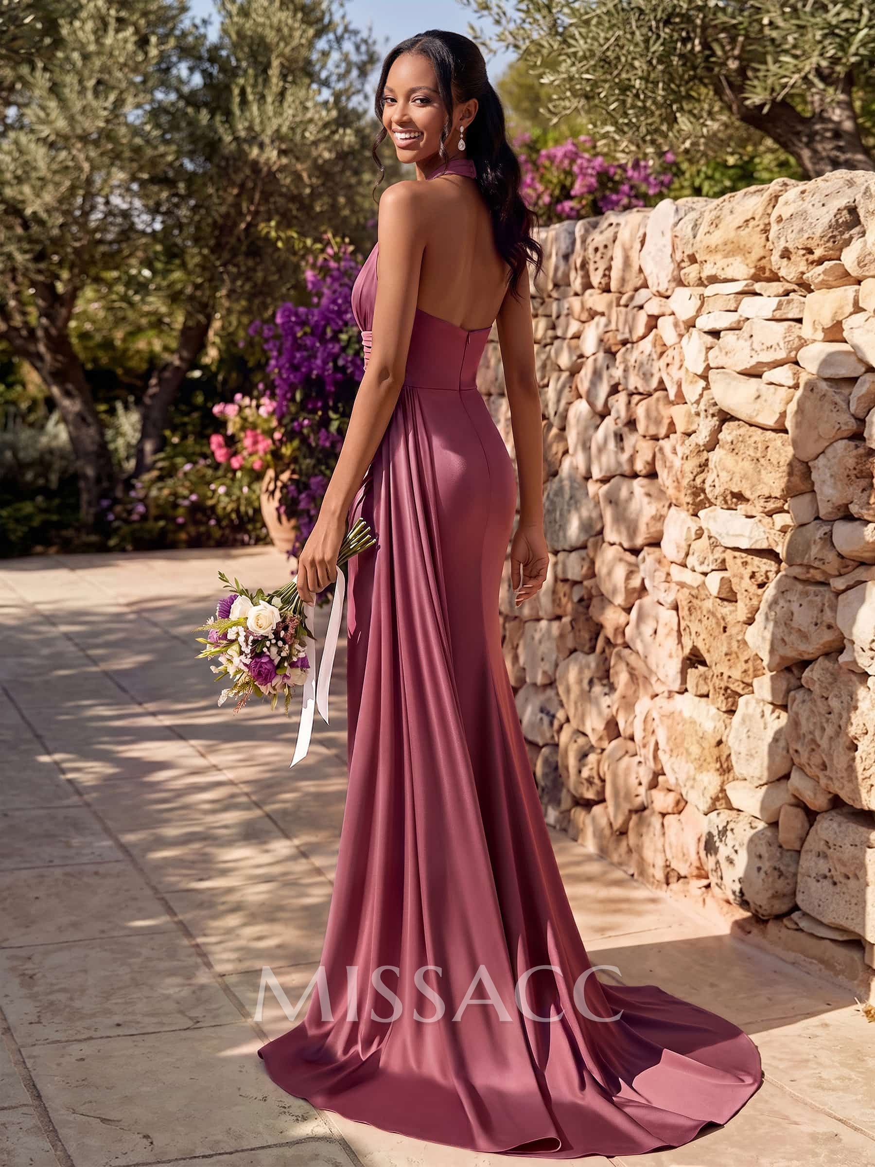 Sheath/Column Halter Sleeveless Sweep Train Stretch Satin Bridesmaid Dresses With High Split