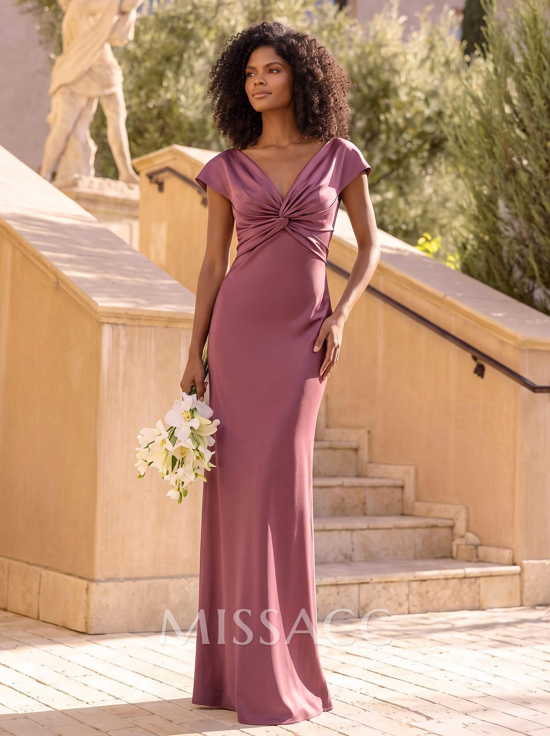 Elegant Sheath/Column V-Neck Short Sleeves Floor-Length Charmeuse Bridesmaid Dresses