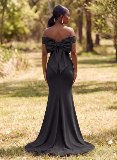 Trumpet/Mermaid Off-The-Shoulder Sleeveless Sweep Train Elastic Satin Bridesmaid Dresses With Bow(s)