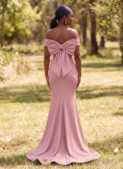 Trumpet/Mermaid Off-The-Shoulder Sleeveless Sweep Train Elastic Satin Bridesmaid Dresses With Bow(s)