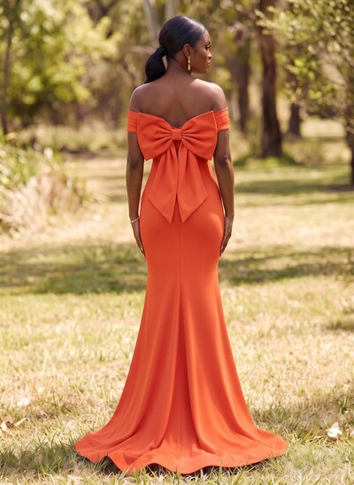 Trumpet/Mermaid Off-The-Shoulder Sleeveless Sweep Train Elastic Satin Bridesmaid Dresses With Bow(s)