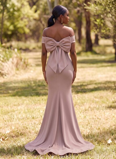 Trumpet/Mermaid Off-The-Shoulder Sleeveless Sweep Train Elastic Satin Bridesmaid Dresses With Bow(s)