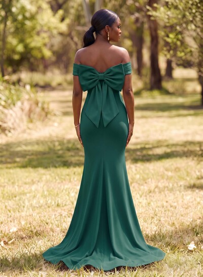 Trumpet/Mermaid Off-The-Shoulder Sleeveless Sweep Train Elastic Satin Bridesmaid Dresses With Bow(s)
