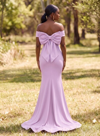 Trumpet/Mermaid Off-The-Shoulder Sleeveless Sweep Train Elastic Satin Bridesmaid Dresses With Bow(s)