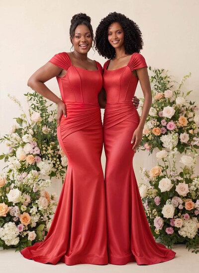 Trumpet/Mermaid Square Neckline Sleeveless Sweep Train Charmeuse Bridesmaid Dresses With Pleated
