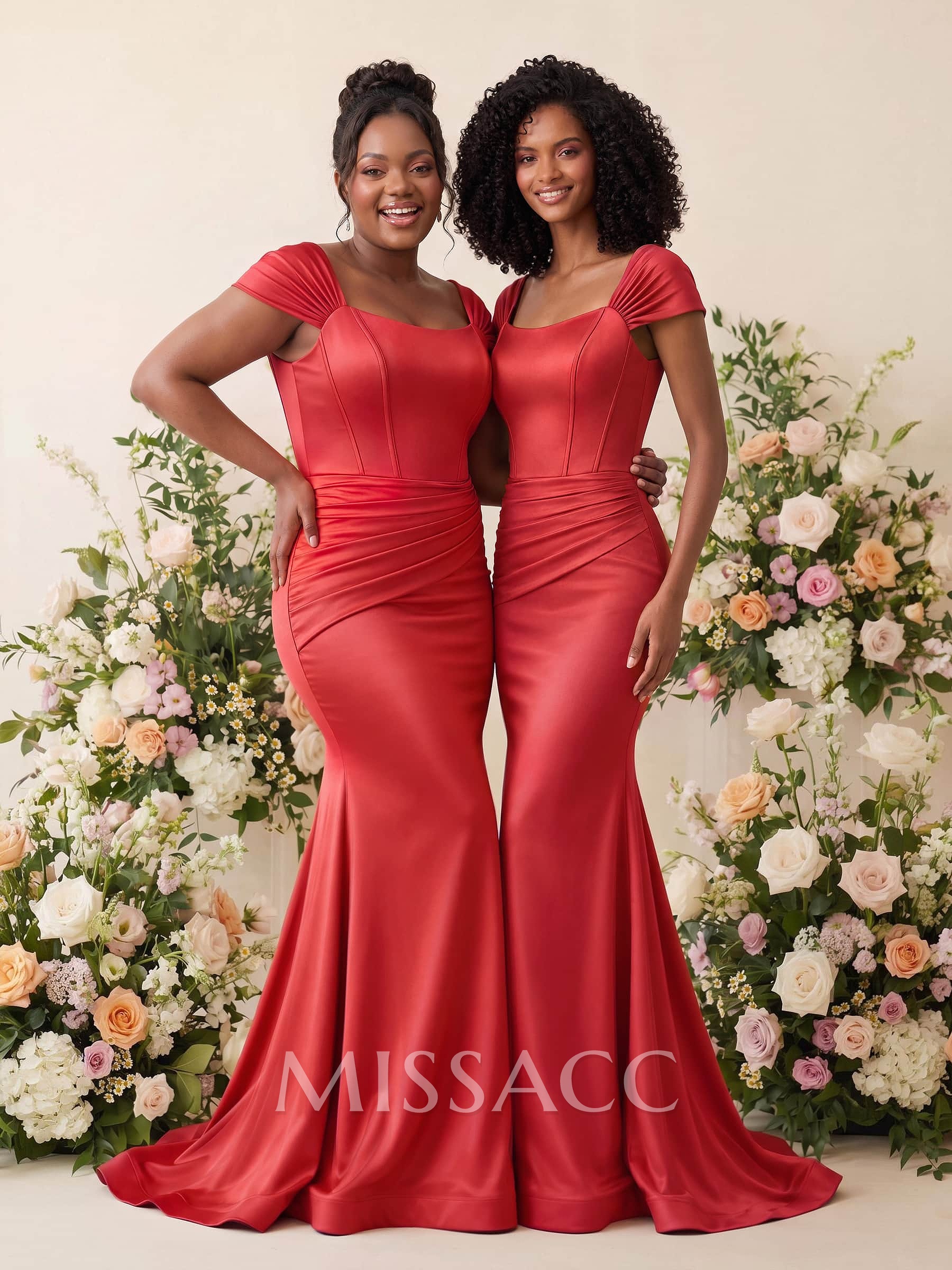 Trumpet/Mermaid Square Neckline Sleeveless Sweep Train Charmeuse Bridesmaid Dresses With Pleated