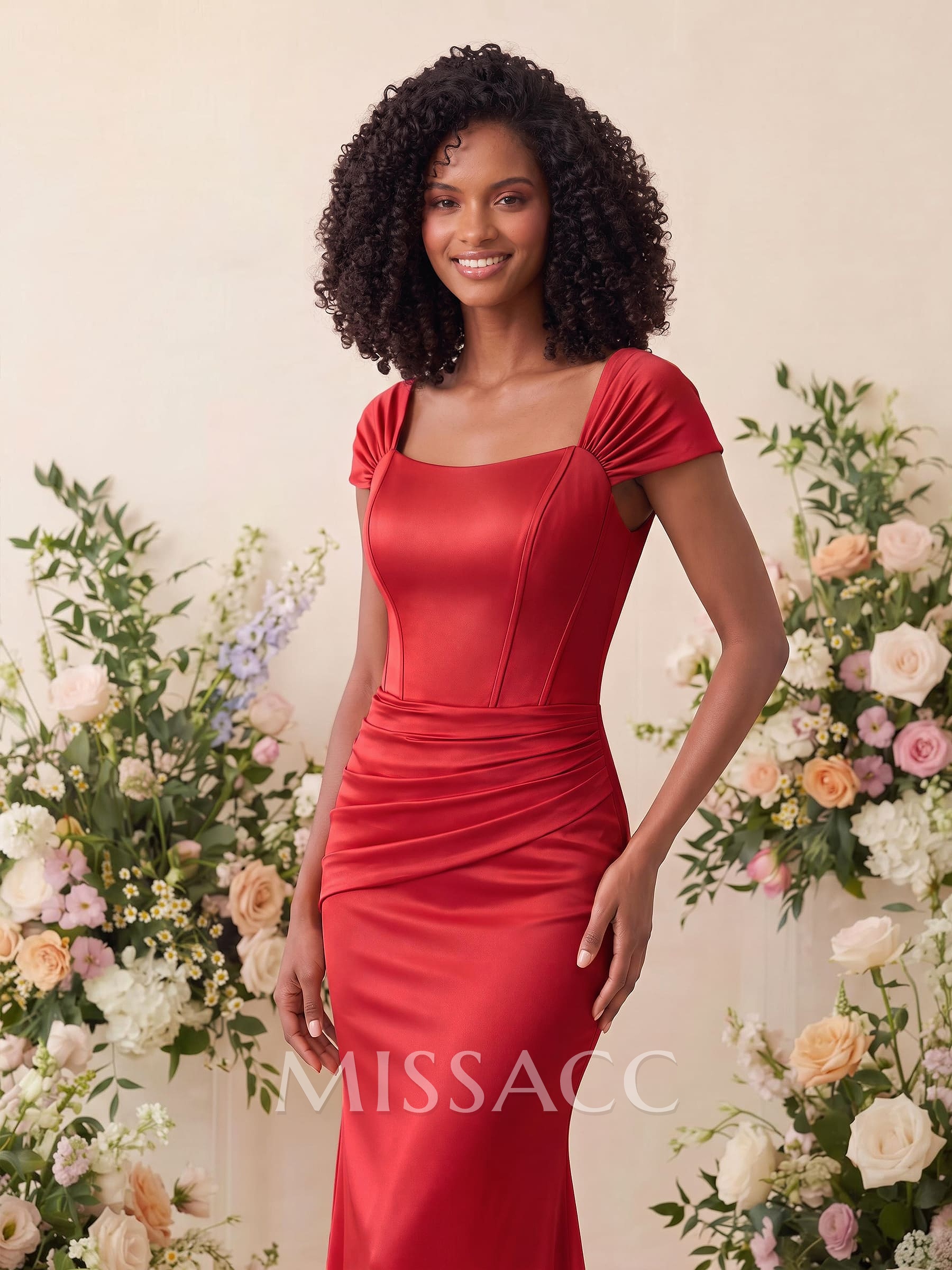 Trumpet/Mermaid Square Neckline Sleeveless Sweep Train Charmeuse Bridesmaid Dresses With Pleated