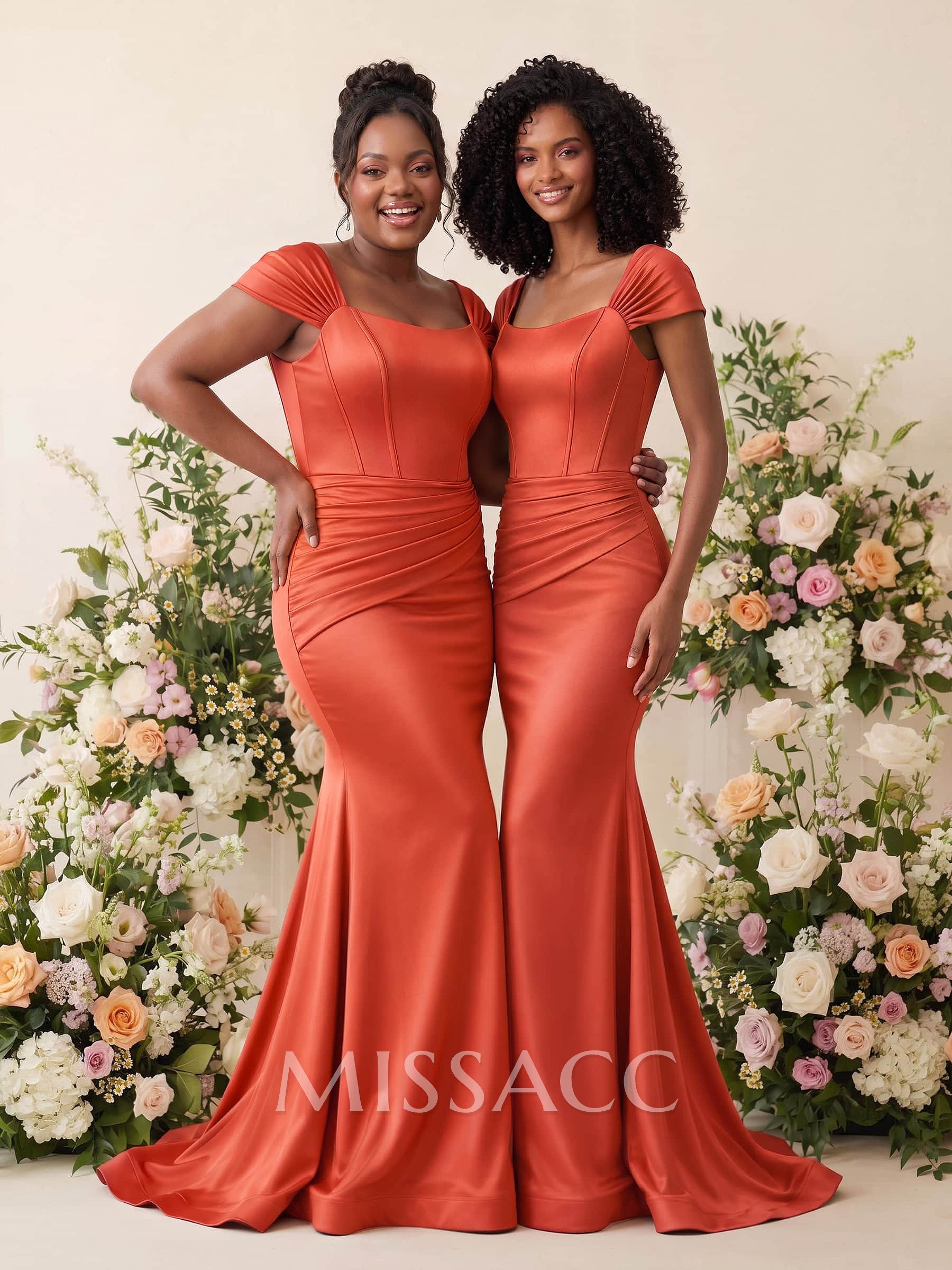 Trumpet/Mermaid Square Neckline Sleeveless Sweep Train Charmeuse Bridesmaid Dresses With Pleated