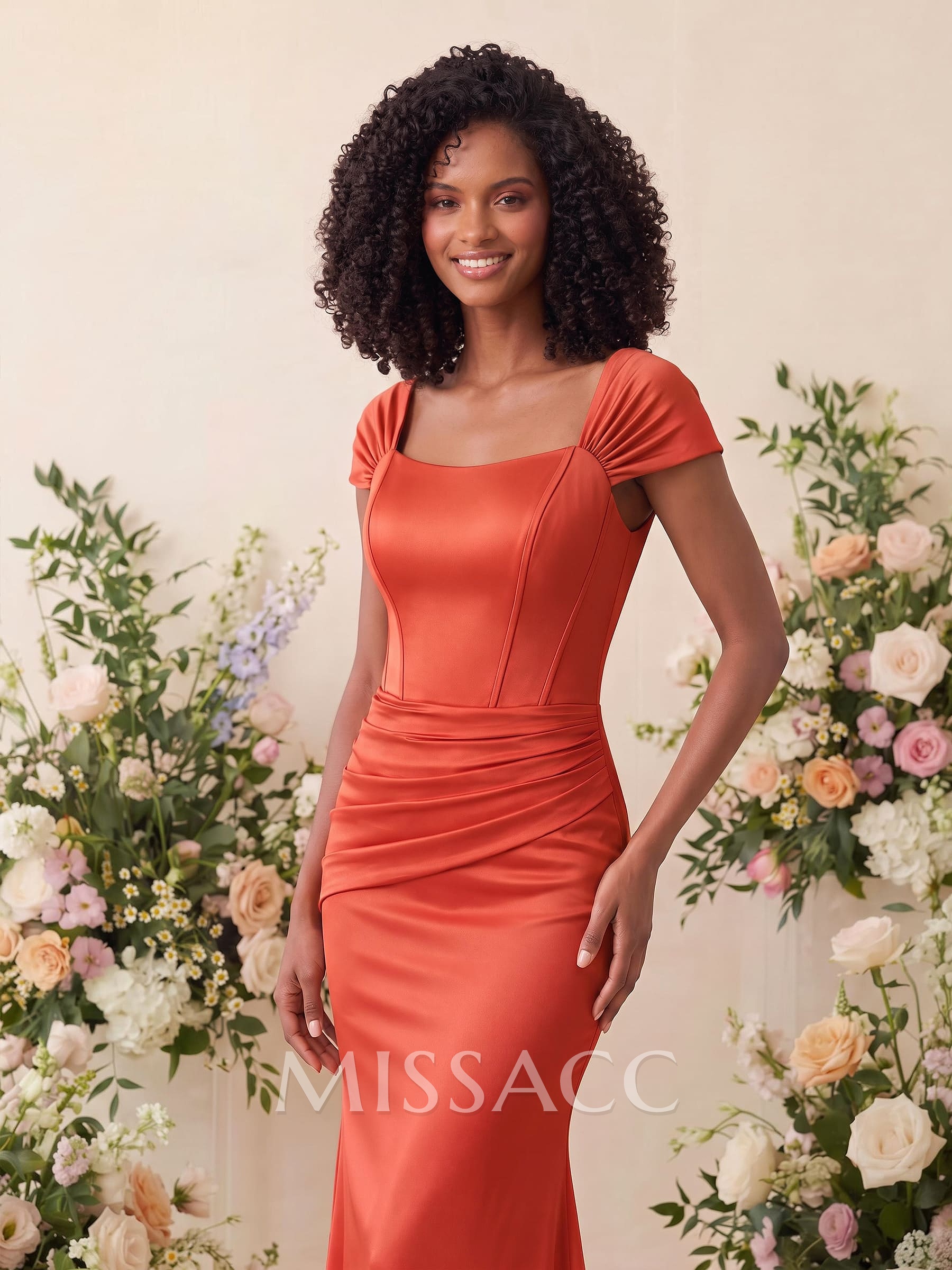 Trumpet/Mermaid Square Neckline Sleeveless Sweep Train Charmeuse Bridesmaid Dresses With Pleated