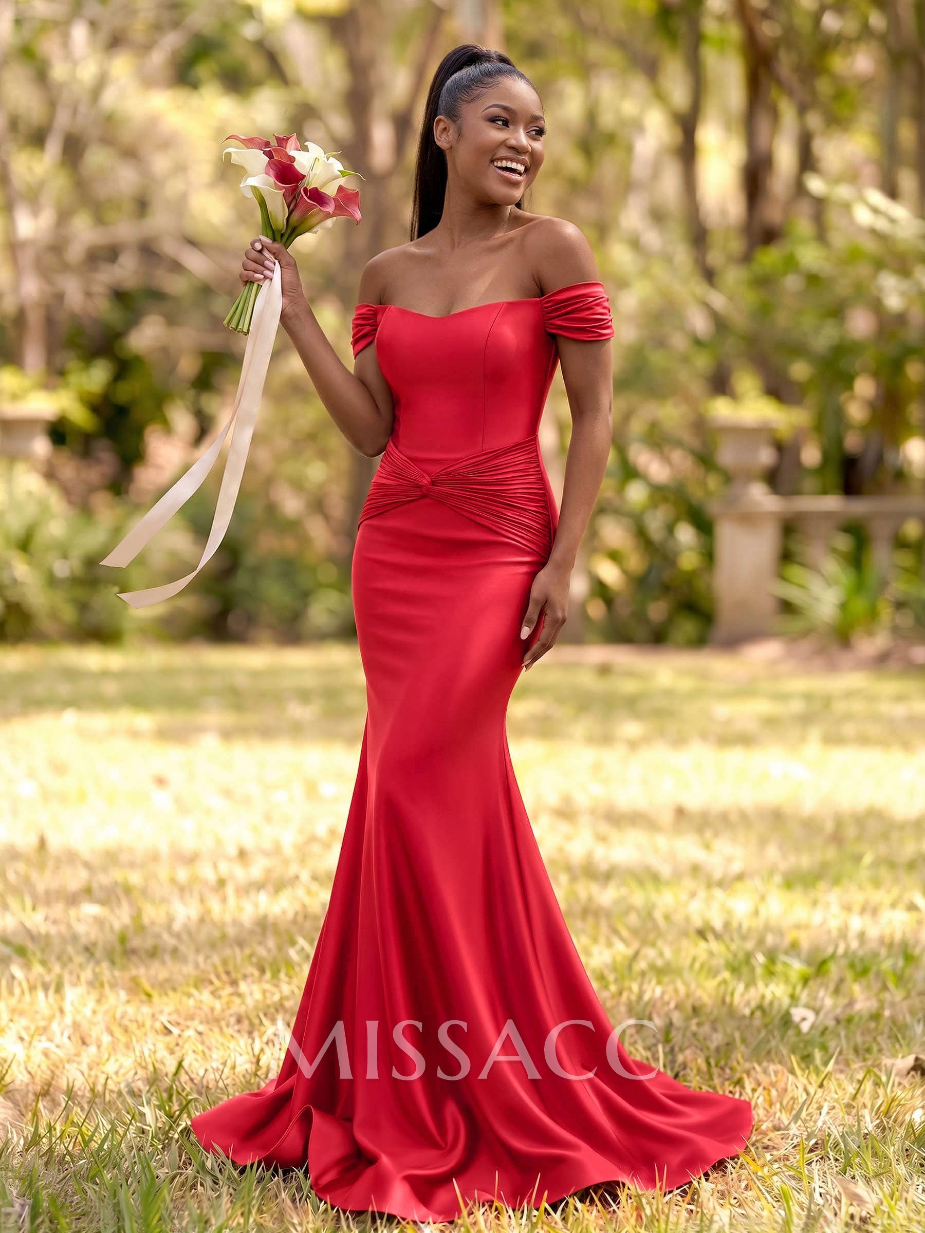 Trumpet/Mermaid Off-The-Shoulder Sleeveless Sweep Train Stretch Satin Bridesmaid Dresses With Pleated