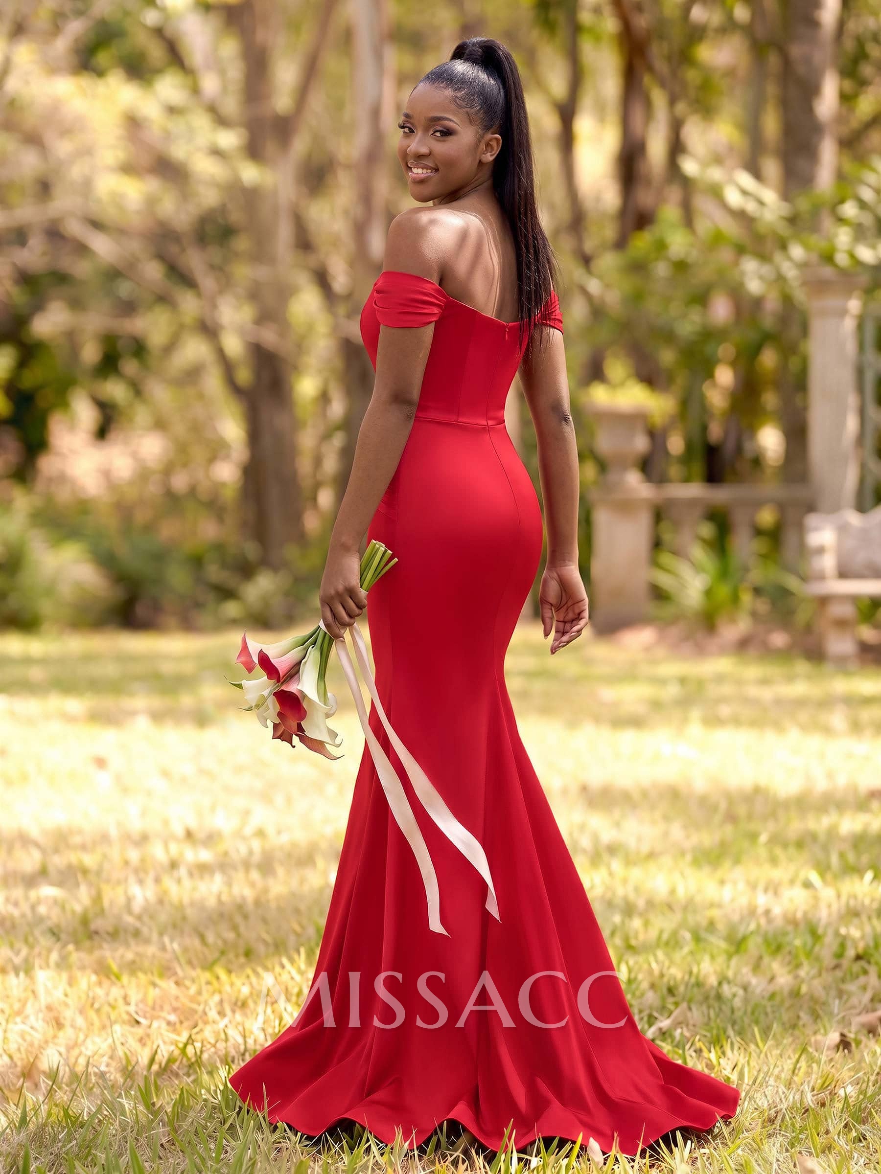 Trumpet/Mermaid Off-The-Shoulder Sleeveless Sweep Train Stretch Satin Bridesmaid Dresses With Pleated