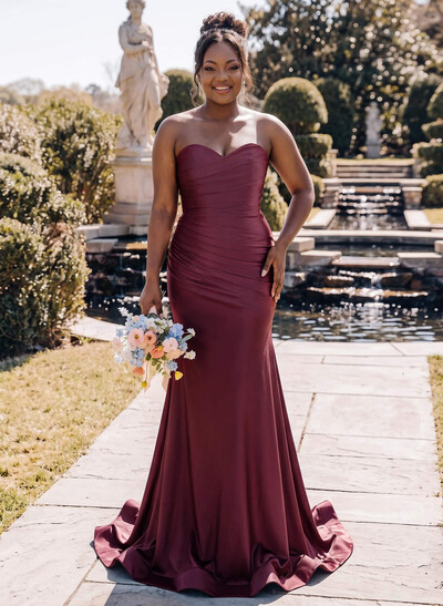 Sheath/Column Strapless Sleeveless Sweep Train Stretch Satin Bridesmaid Dresses With Pleated
