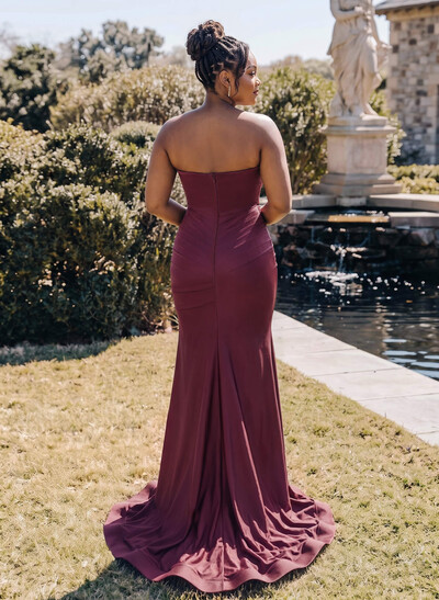Sheath/Column Strapless Sleeveless Sweep Train Stretch Satin Bridesmaid Dresses With Pleated