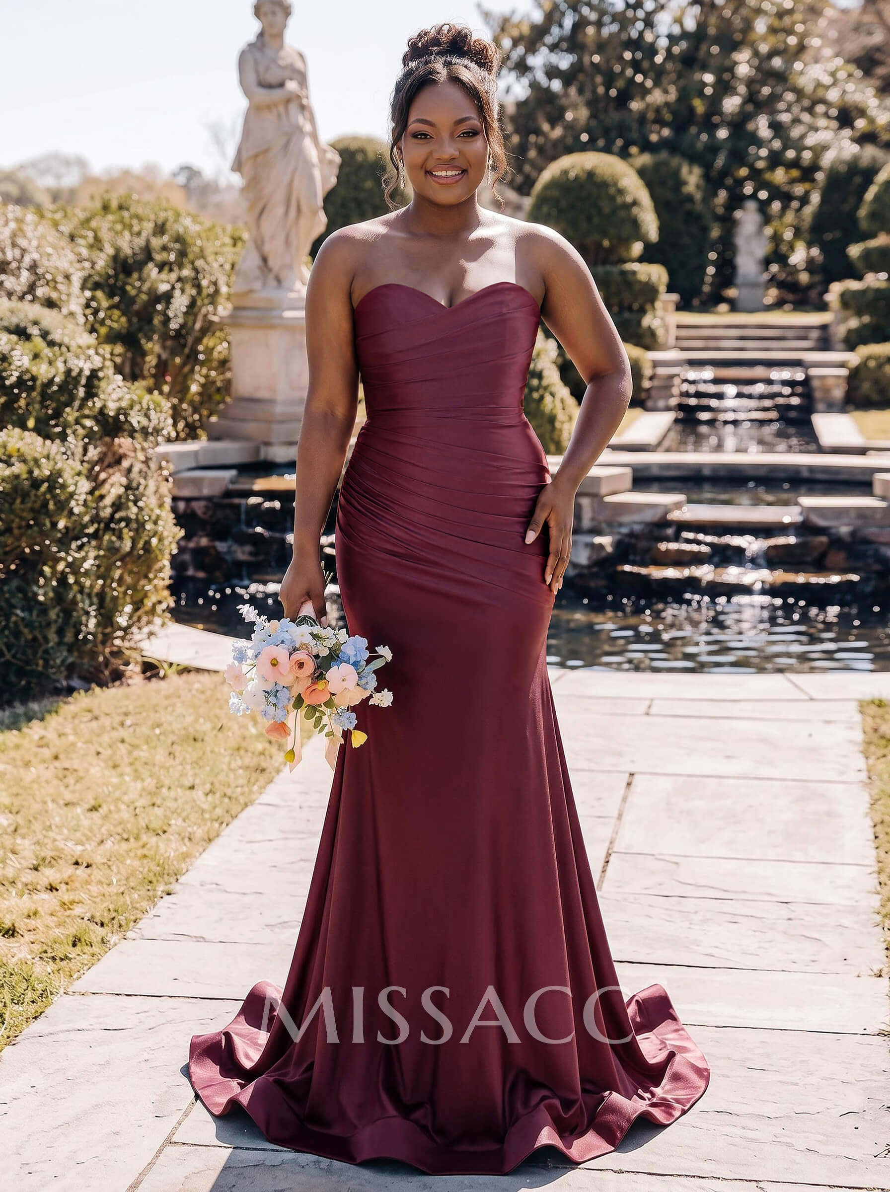 Sheath/Column Strapless Sleeveless Sweep Train Stretch Satin Bridesmaid Dresses With Pleated