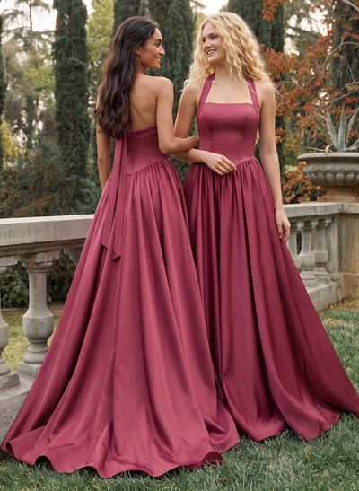 Elegant A-Line Halter Sleeveless Sweep Train Satin Bridesmaid Dresses