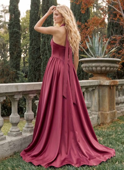 Elegant A-Line Halter Sleeveless Sweep Train Satin Bridesmaid Dresses