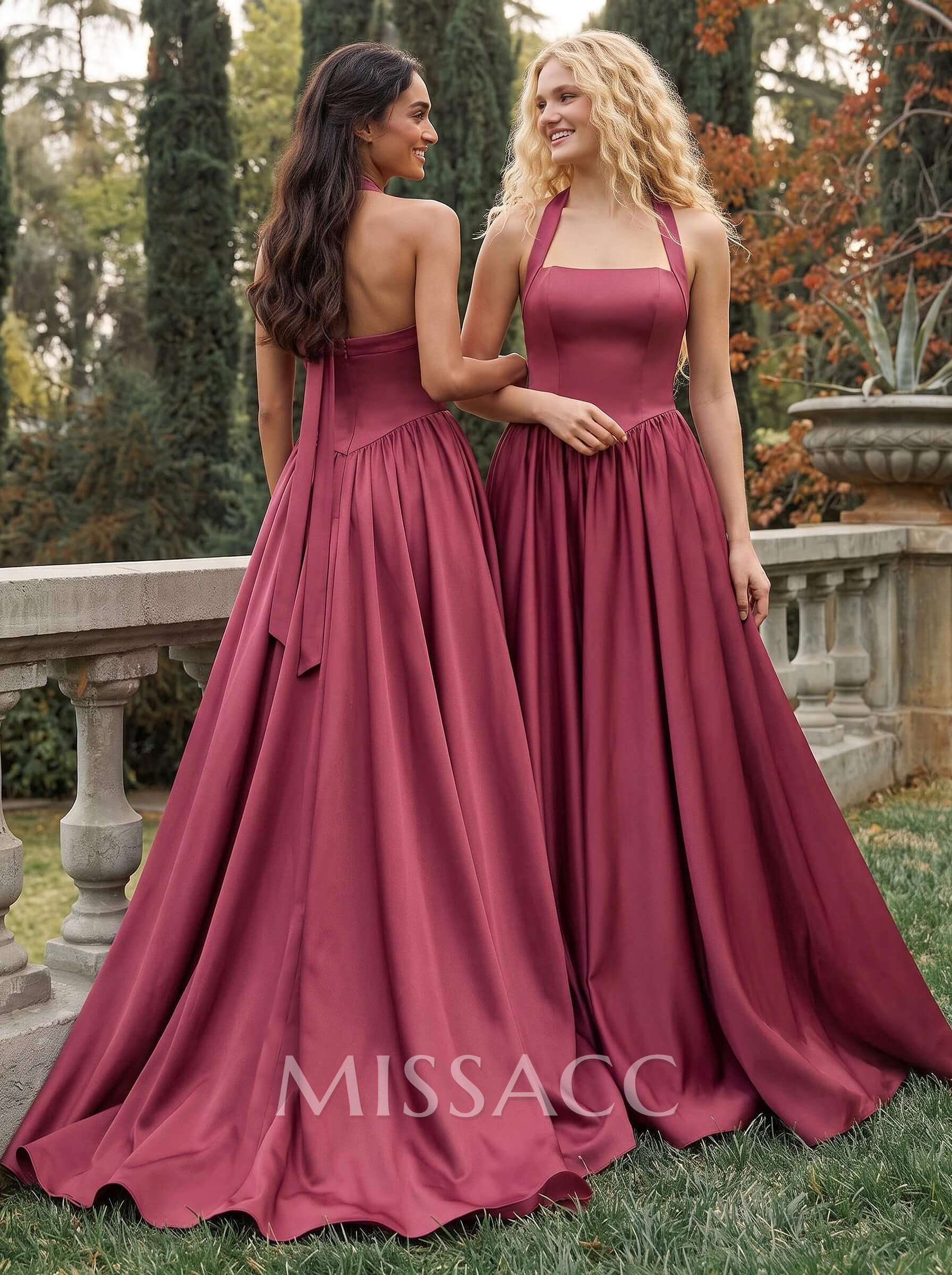 Elegant A-Line Halter Sleeveless Sweep Train Satin Bridesmaid Dresses
