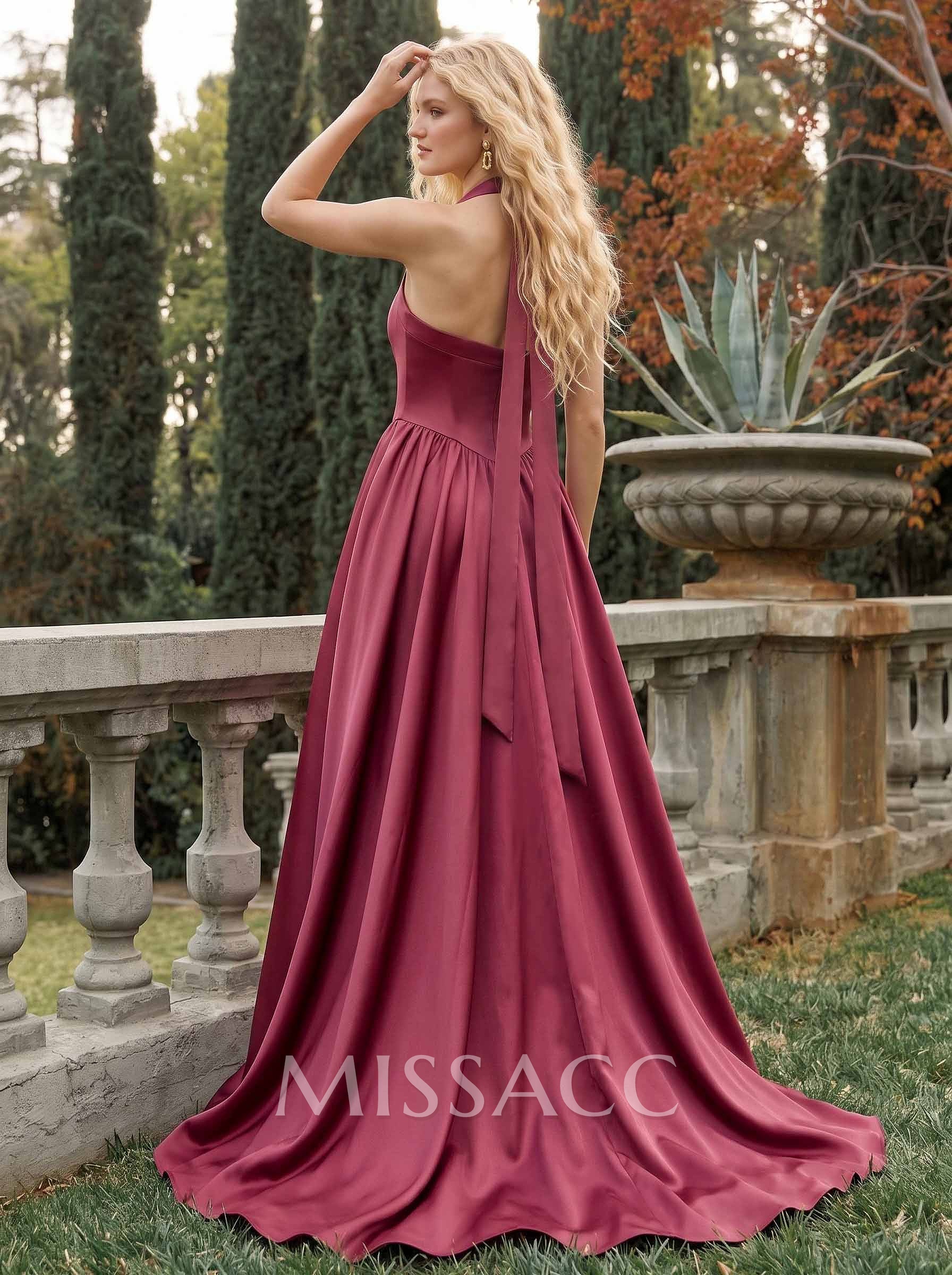 Elegant A-Line Halter Sleeveless Sweep Train Satin Bridesmaid Dresses