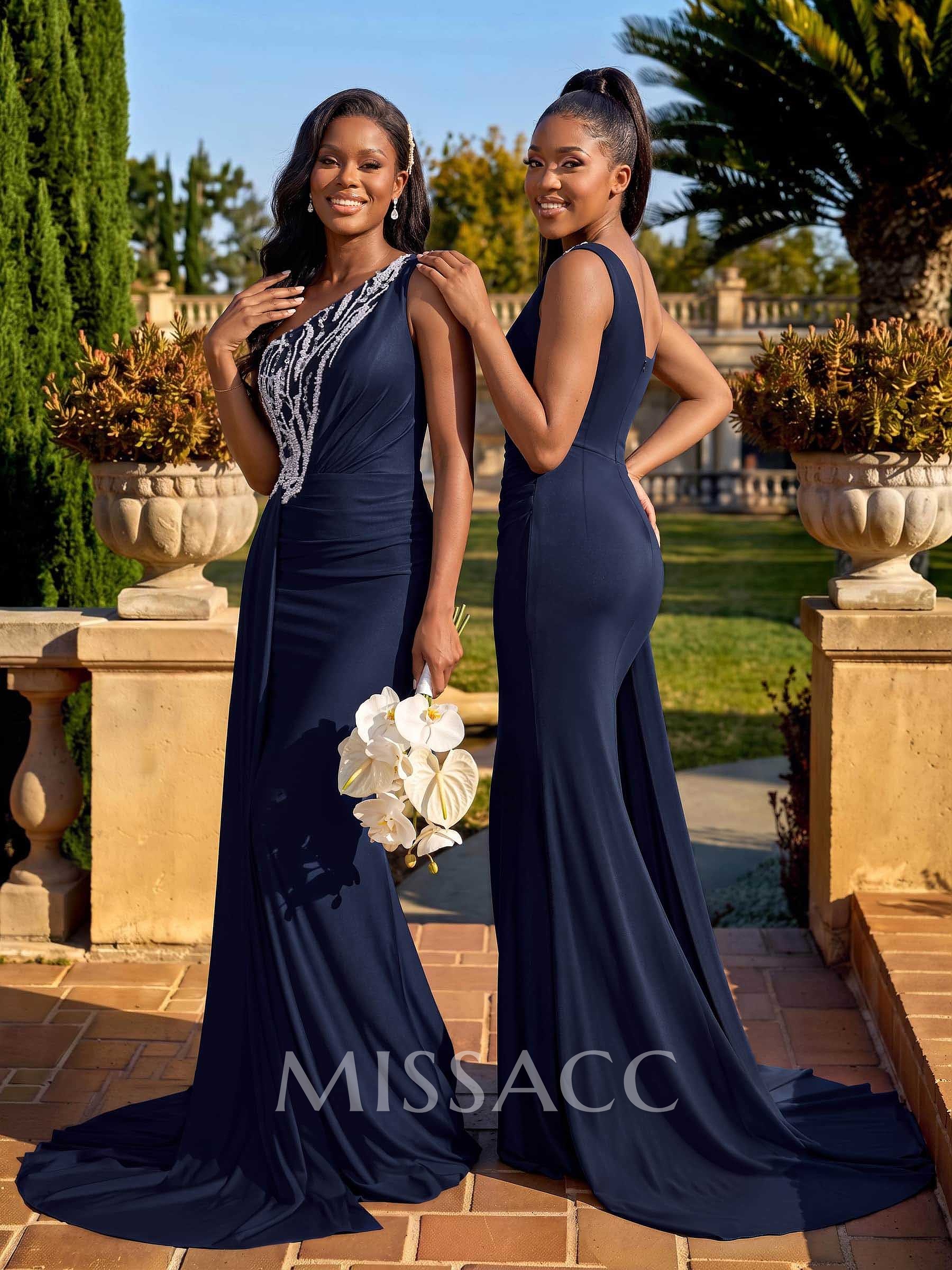 Trumpet/Mermaid One-Shoulder Sweep Train Stretch Satin Bridesmaid Dresses With Beading/Sweeping Side Drape