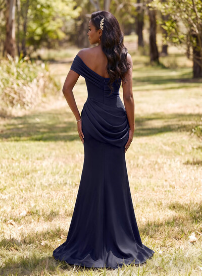 Trumpet/Mermaid One-Shoulder Sleeveless Sweep Train Elastic Satin Bridesmaid Dresses With Pleated