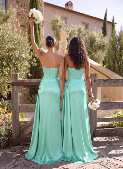 Sheath/Column Sweetheart Sleeveless Floor-Length Charmeuse Bridesmaid Dresses With High Split