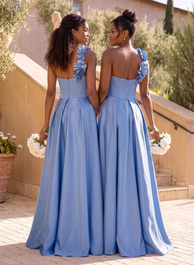 A-Line One-Shoulder Sleeveless Sweep Train Satin Bridesmaid Dresses With Flower(s)/High Split