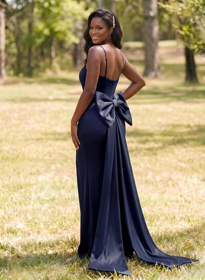 Trumpet/Mermaid Plunge Neck Sweep Train Stretch Satin Bridesmaid Dresses With Bow(s)/High Split