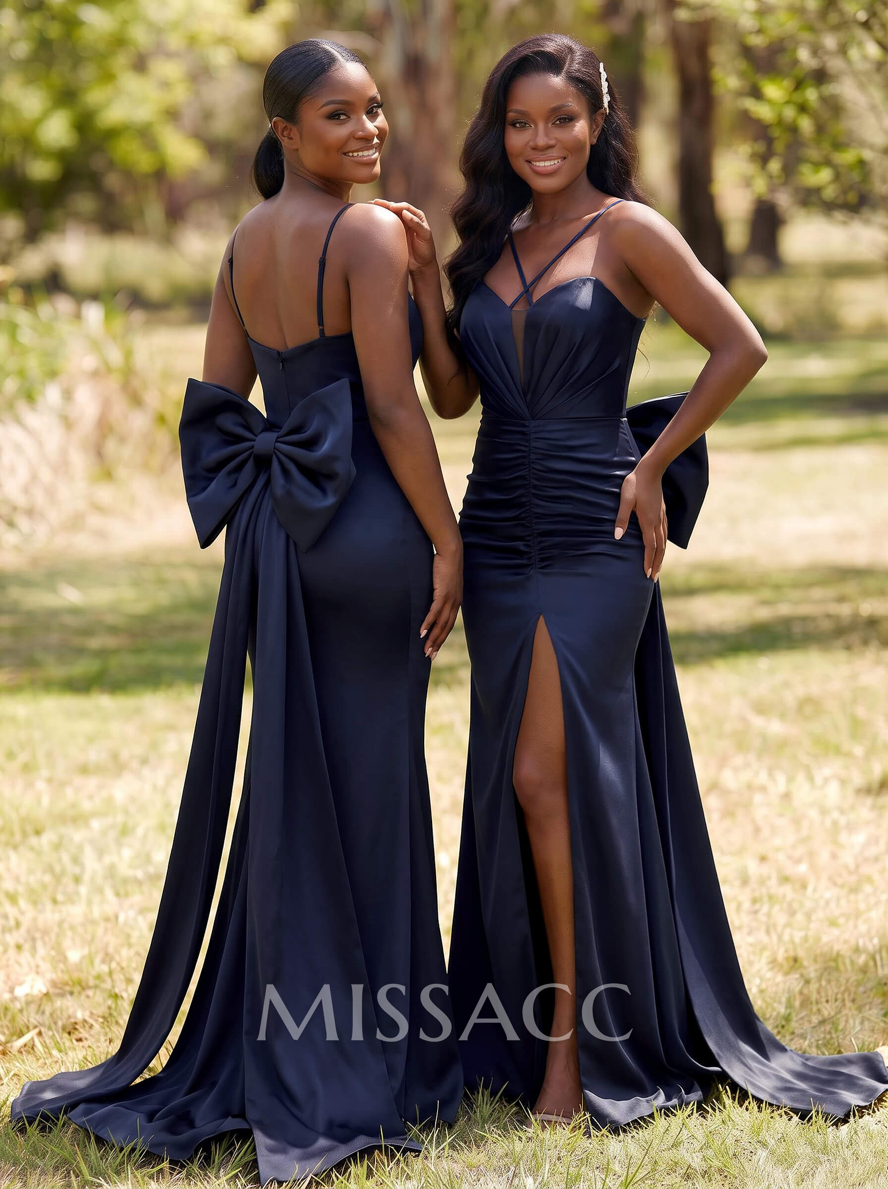 Trumpet/Mermaid Plunge Neck Sweep Train Stretch Satin Bridesmaid Dresses With Bow(s)/High Split
