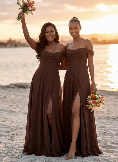 A-Line Off-The-Shoulder Sleeveless Floor-Length Chiffon Bridesmaid Dresses With Split Front