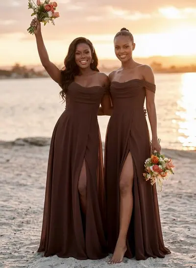 A-Line Off-The-Shoulder Sleeveless Floor-Length Chiffon Bridesmaid Dresses With Split Front