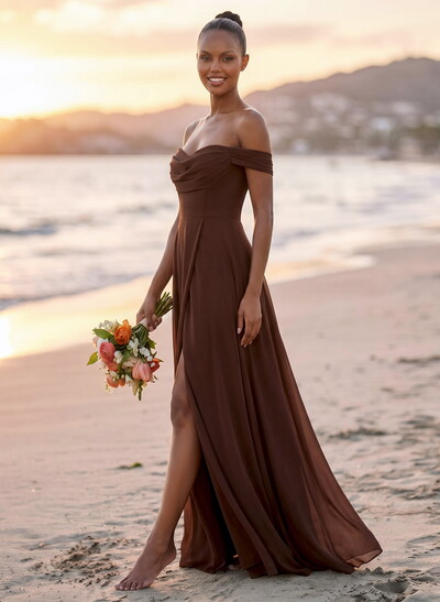 A-Line Off-The-Shoulder Sleeveless Floor-Length Chiffon Bridesmaid Dresses With Split Front