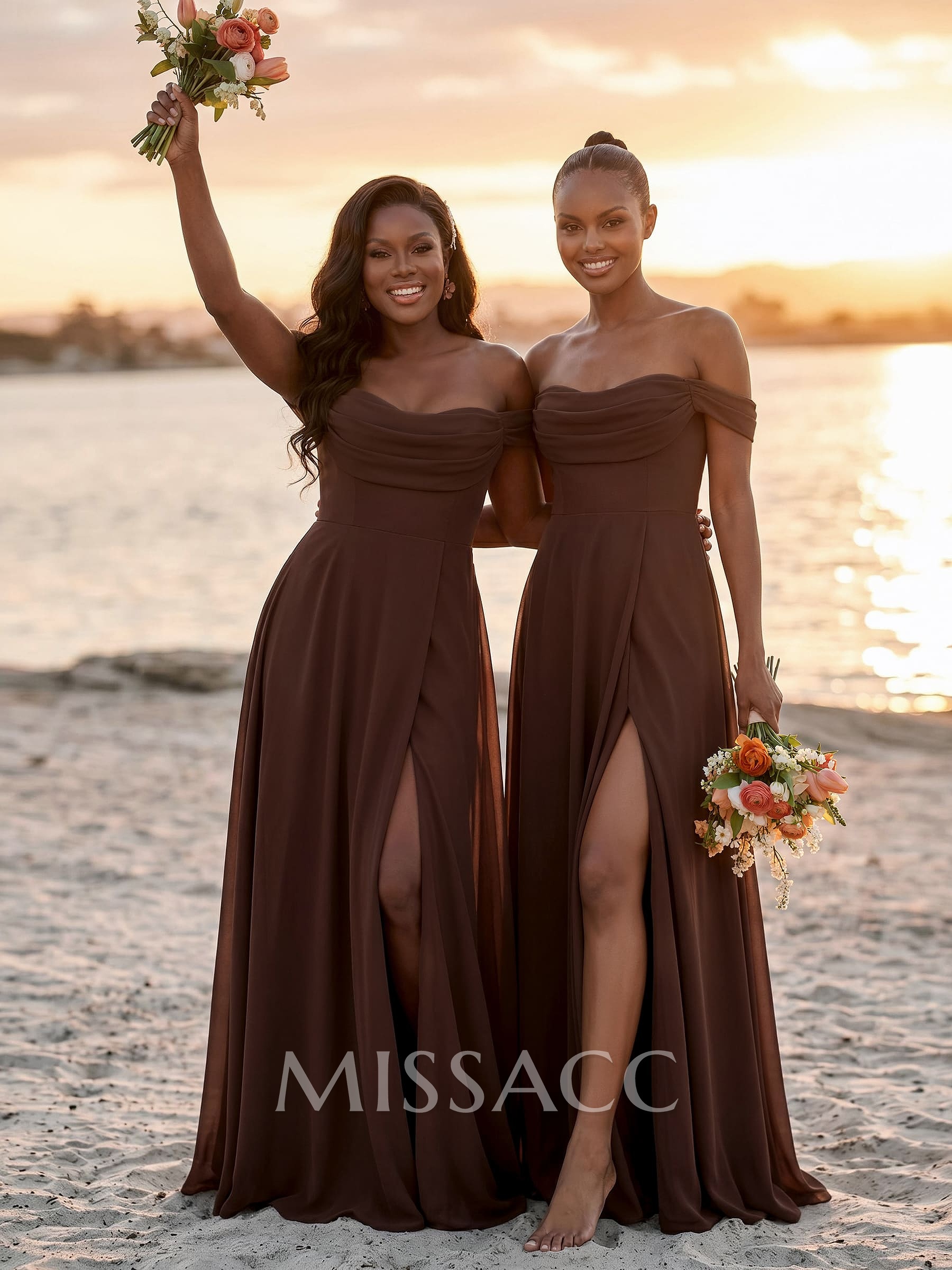 A-Line Off-The-Shoulder Sleeveless Floor-Length Chiffon Bridesmaid Dresses With Split Front